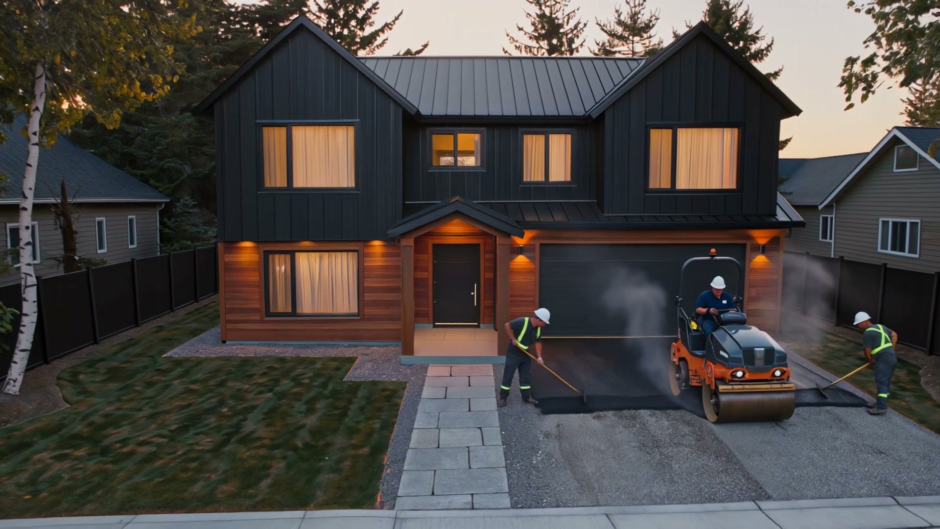 A paving crew rolling fresh asphalt on the driveway in front of the house at sunset