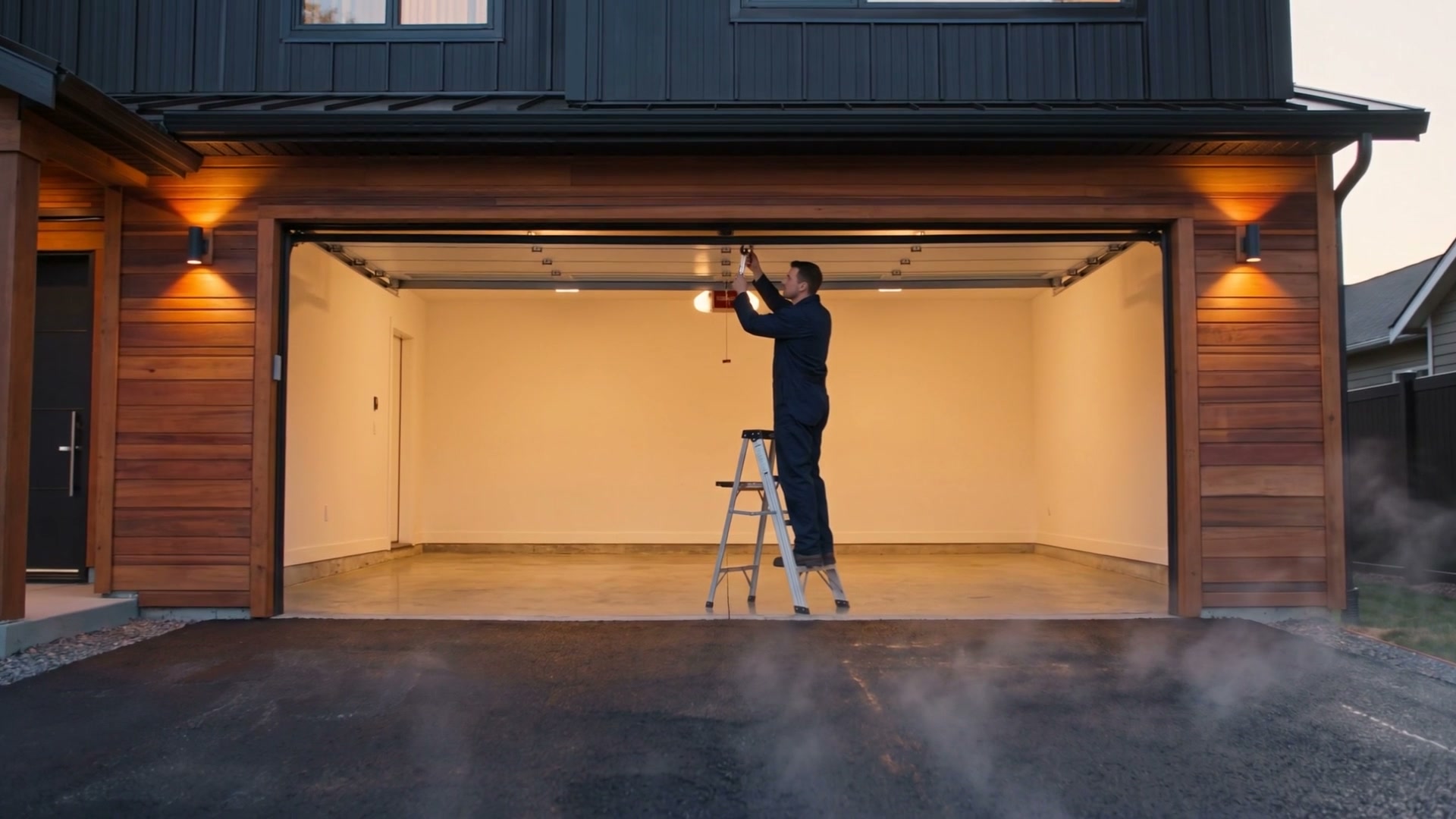 A technician on a stepladder working on the opener in the open garage