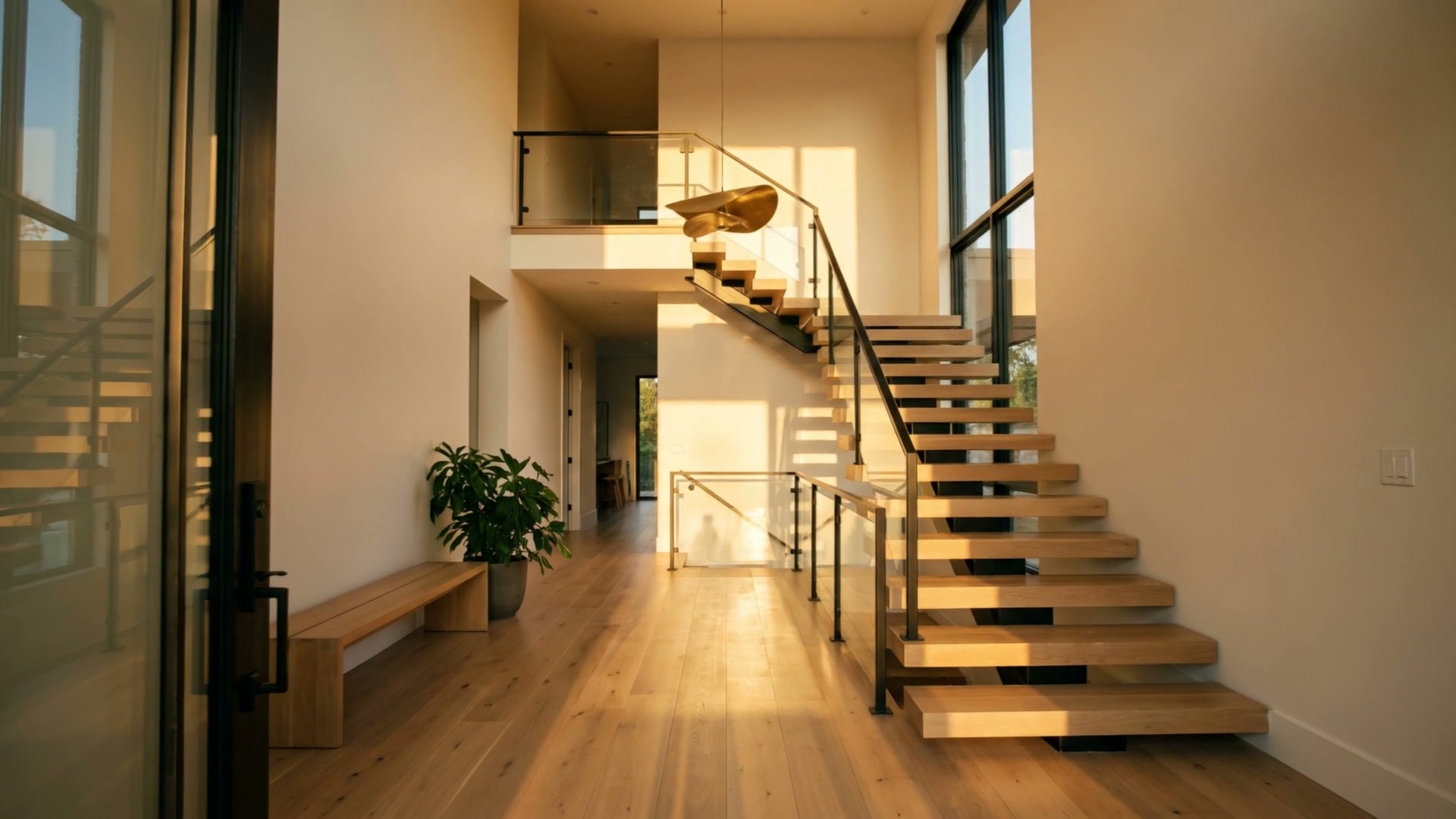 The front hall, an open wooden staircase lit by late-afternoon sun