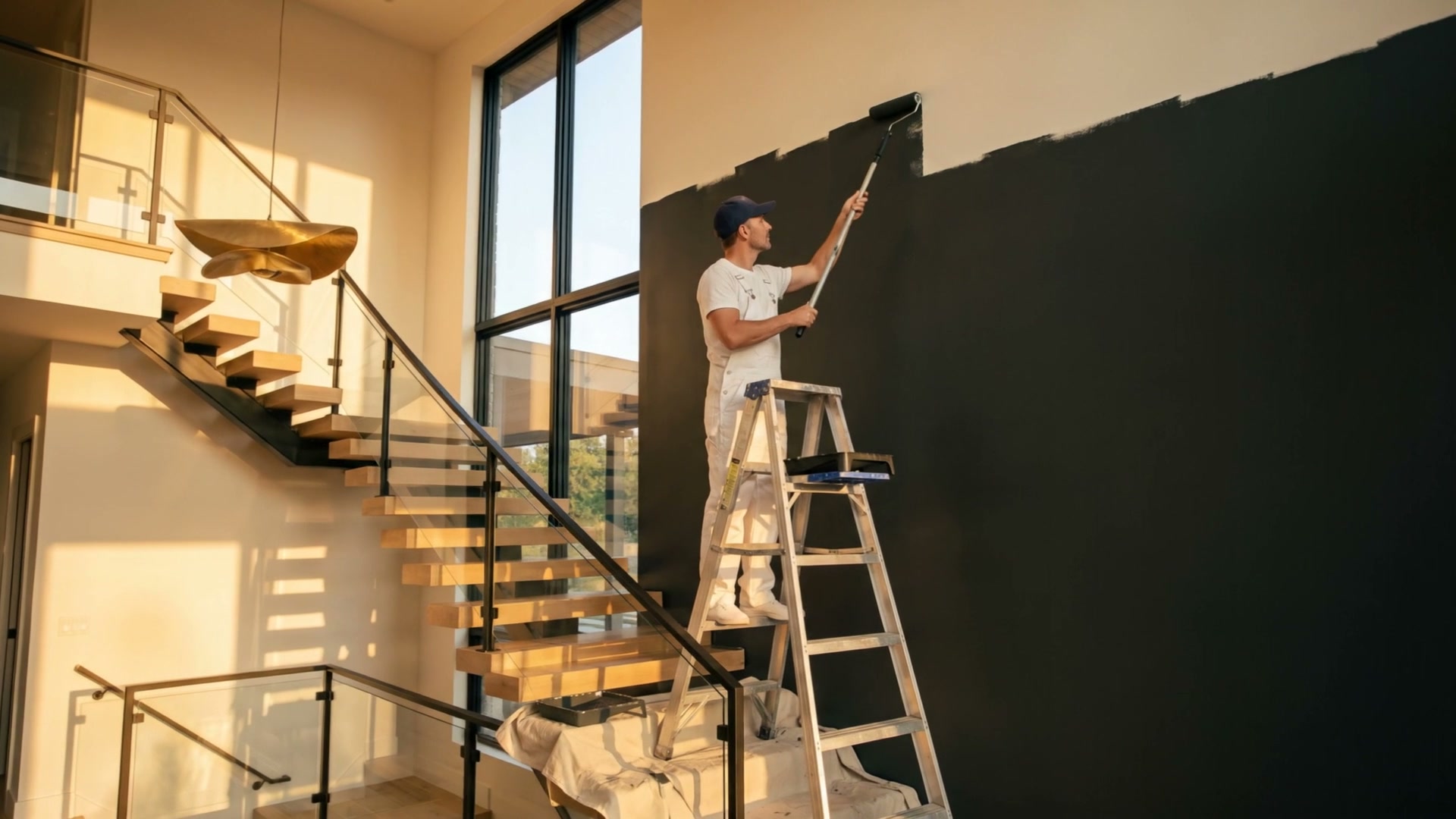 A painter on a ladder rolling a dark colour onto the tall wall by the stairs
