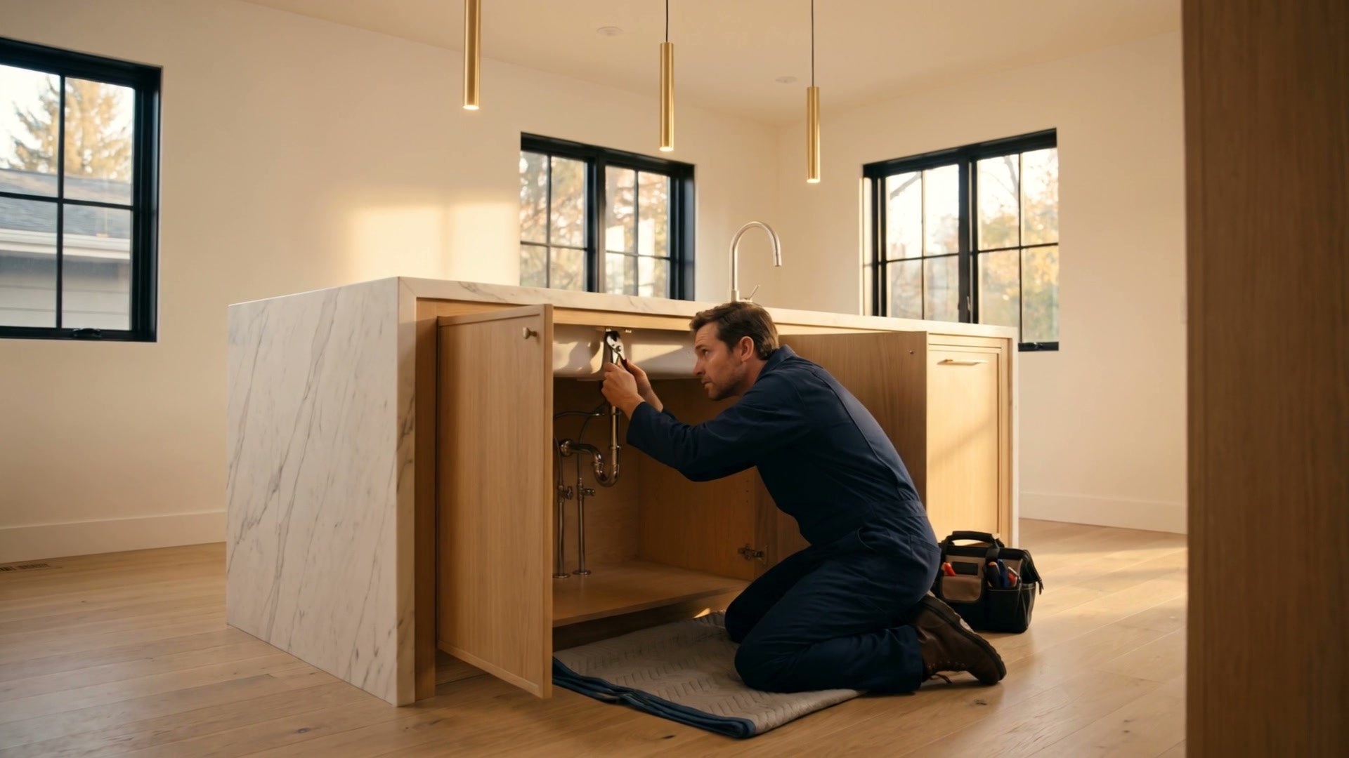 A plumber kneeling at the kitchen island, working on the pipes under the sink