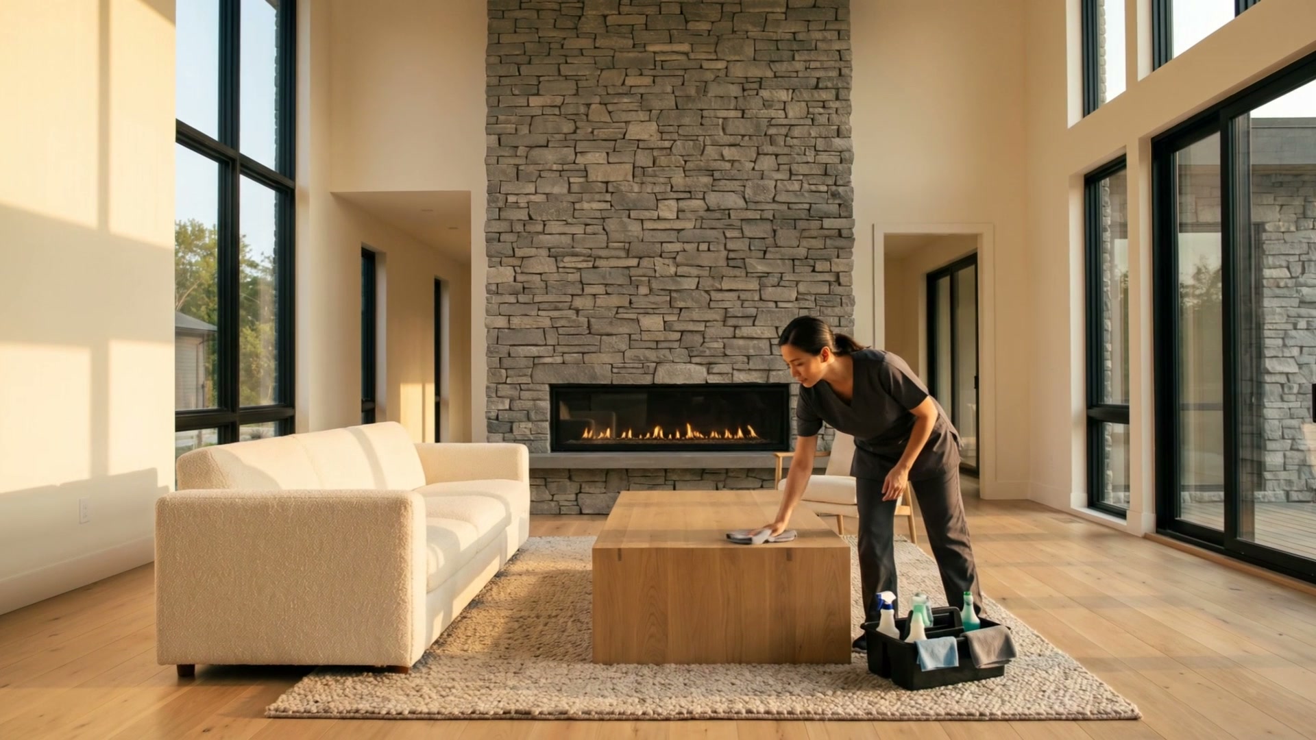 A cleaner wiping down the coffee table in the living room, a fire lit behind her