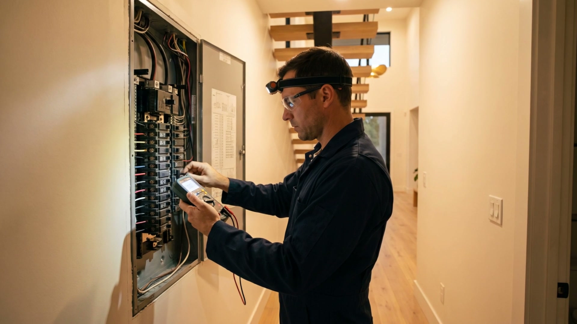 An electrician in a headlamp testing the breaker panel in the hallway