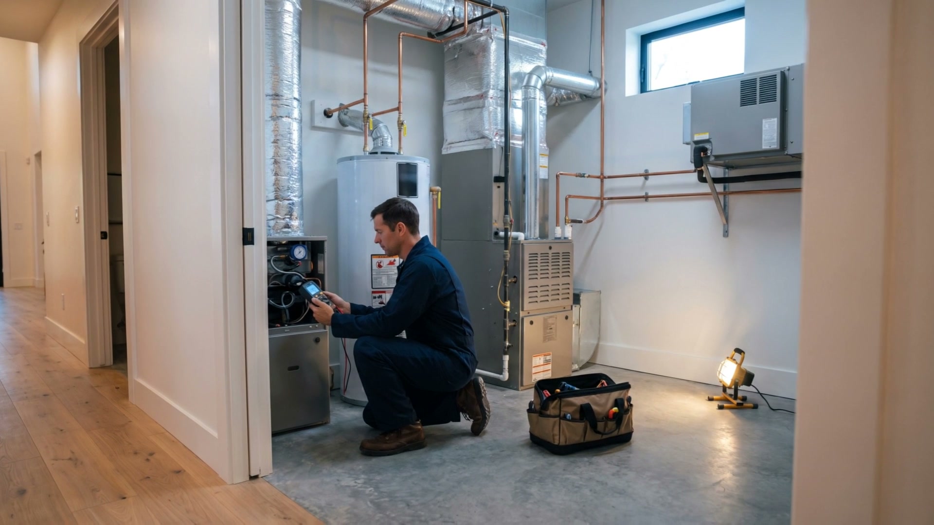 A technician kneeling at the furnace in the utility room, reading a meter