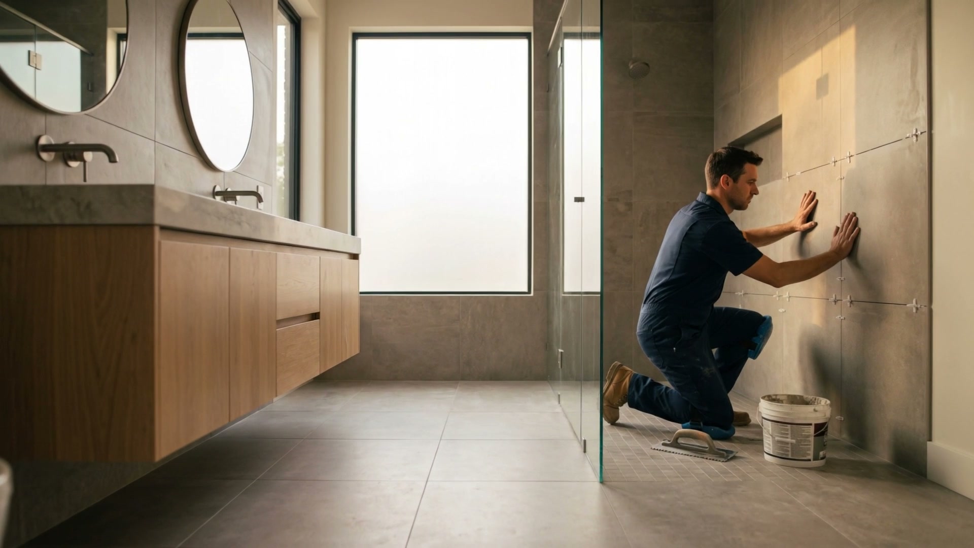 A tile setter pressing large grey tiles onto the shower wall
