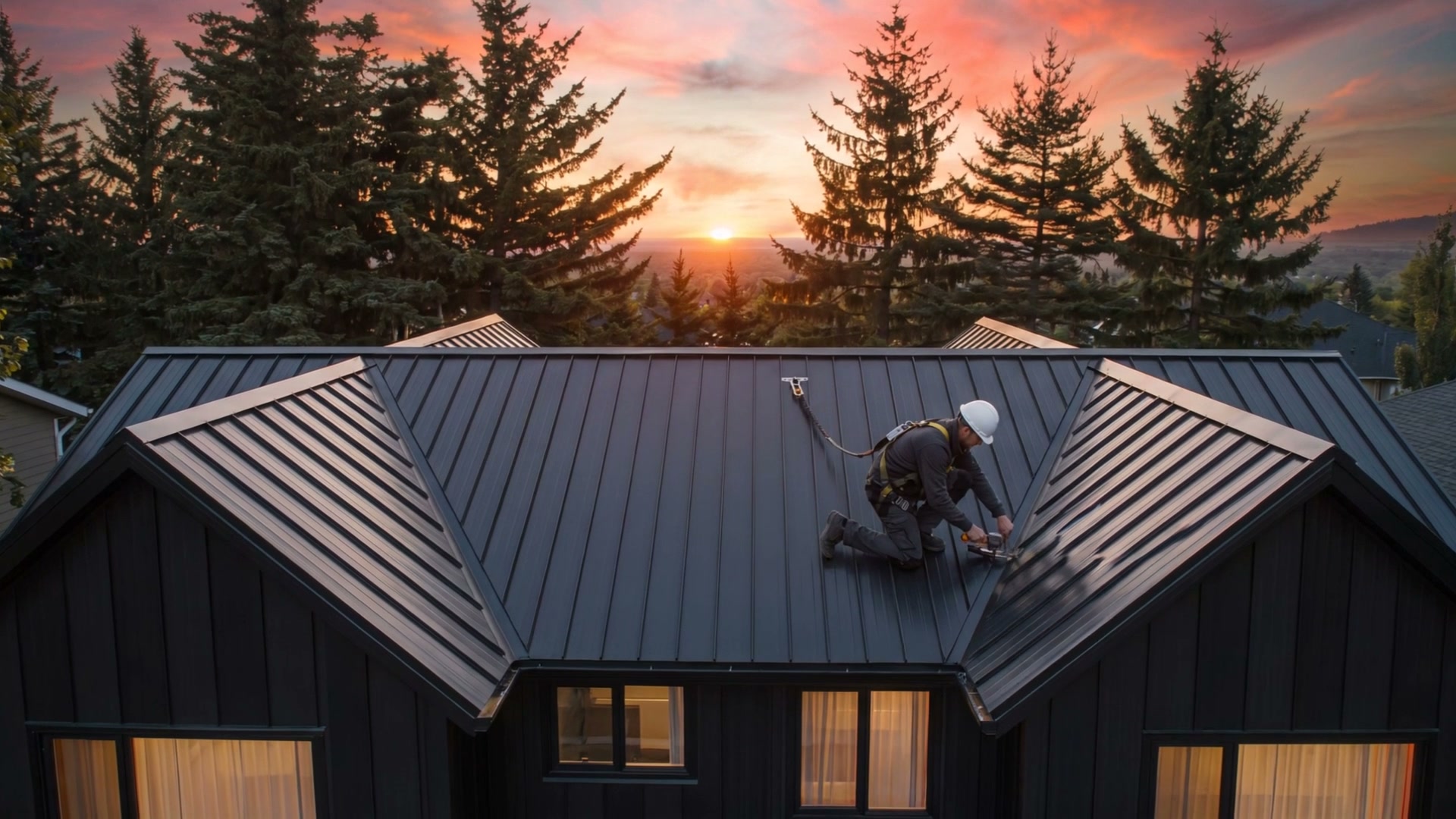 A roofer in a safety harness working on the metal roof as the sun sets