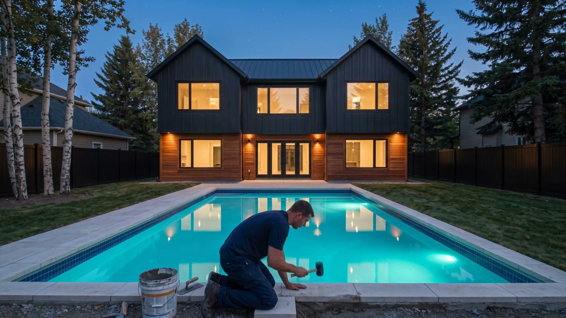 A pool installer setting the coping stones around the lit backyard pool at dusk