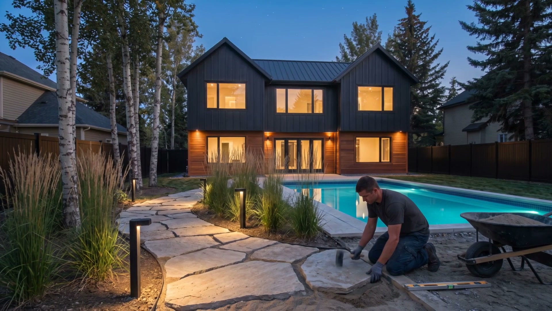A landscaper laying a flagstone path through the grasses beside the pool at dusk